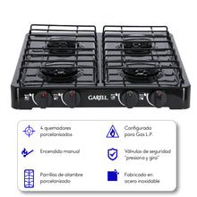 Cargar imagen en el visor de la galería, PARRILLA PARA MESA MARCA GARELL MODELO PM4Q-N 4 QUEMADORES