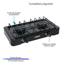 Cargar imagen en el visor de la galería, PARRILLA PARA MESA MARCA GARELL MODELO PM2Q-N 2 QUEMADORES