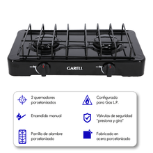 Cargar imagen en el visor de la galería, PARRILLA PARA MESA MARCA GARELL MODELO PM2Q-N 2 QUEMADORES
