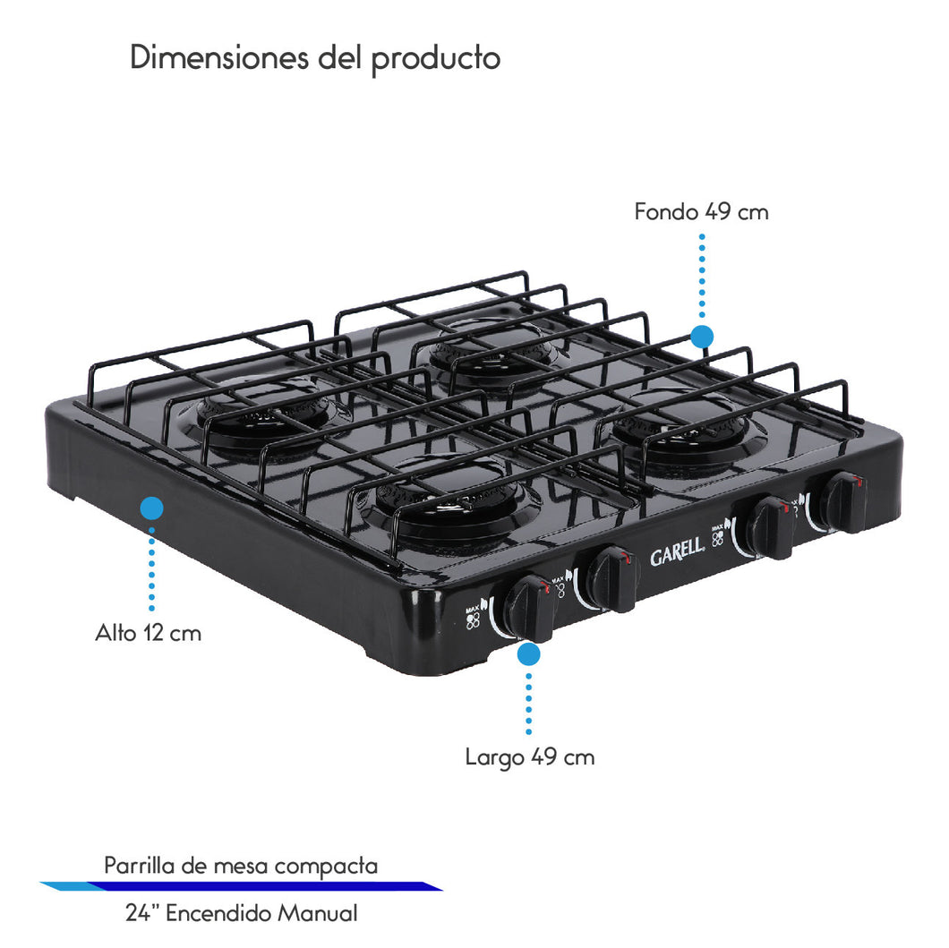 PARRILLA PARA MESA MARCA GARELL MODELO PM4Q-N 4 QUEMADORES